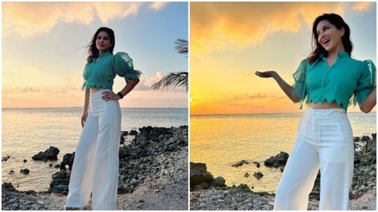 Sunny Leone enjoyed a stunning sunset in Mumbai, a day back. The actor shared a slew of pictures of herself from her sunset diaries on her Instagram profile and it is setting major casual fashion goals for us. Against a stunning backdrop, Sunny posed for pictures in a white and blue attire and made us drool.(Instagram/@sunnyleone)