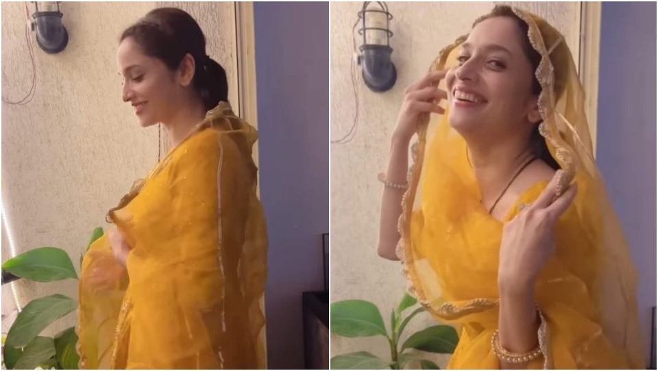Ankita Lokhande styles her traditional look with minimal jewels. Ankita Lokhande styles her traditional look with minimal jewels. 
