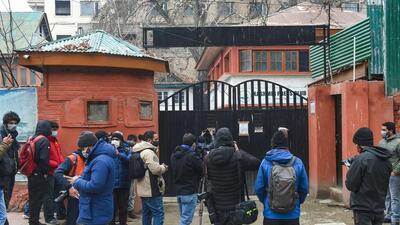 Media personnel assemble outside the Kashmir Press Club building after the Jammu and Kashmir government took back the premises, in Srinagar, on Monday. (PTI) Media personnel assemble outside the Kashmir Press Club building after the Jammu and Kashmir government took back the premises, in Srinagar, on Monday. (PTI)