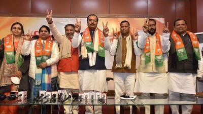 Political leaders joining the BJP ahead of the UP polls in the presence of deputy chief minister Keshav Prasad Maurya. (Deepak Gupta/HT Photo) Political leaders joining the BJP ahead of the UP polls in the presence of deputy chief minister Keshav Prasad Maurya. (Deepak Gupta/HT Photo)