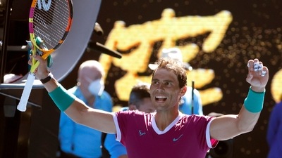 Rafael Nadal of Spain celebrates after defeating Marcos Giron of the U.S. in their first round match at the Australian Open tennis championships in Melbourne, Australia, Monday, Jan. 17, 2022. (AP) Rafael Nadal of Spain celebrates after defeating Marcos Giron of the U.S. in their first round match at the Australian Open tennis championships in Melbourne, Australia, Monday, Jan. 17, 2022. (AP)