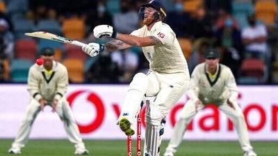 Ben Stokes is struck by a delivery from Australia during their Ashes Test match in Hobart. (AP) Ben Stokes is struck by a delivery from Australia during their Ashes Test match in Hobart. (AP)
