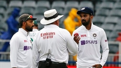 Umpire Marais Erasmus has a word with Ajinkya Rahane and KL Rahul (AP) Umpire Marais Erasmus has a word with Ajinkya Rahane and KL Rahul (AP)