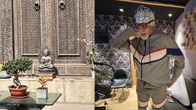 Amitabh Bachchan shared pictures of his courtyard (left) and music studio (right).&nbsp;