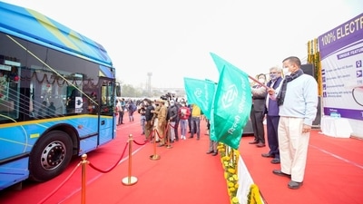 Delhi chief minister Arvind Kejriwal flagging off DTC's electric bus at Indraprastha depot on Monday. (Twitter/@ArvindKejriwal) Delhi chief minister Arvind Kejriwal flagging off DTC's electric bus at Indraprastha depot on Monday. (Twitter/@ArvindKejriwal)