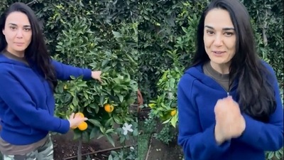 Preity Zinta shows off the oranges in her kitchen garden. Preity Zinta shows off the oranges in her kitchen garden. 
