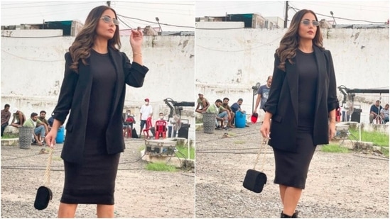 Fashionista Hina Khan looked like a diva in this all-black ensemble. She accessorised her look with a pair of black shades with golden rim and a small shoulder bag.(Instagram/@realhinakhan)