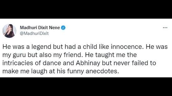 Actor and dancer Madhuri Dixit Nene recalls the “child-like innocence” of Maharaj, in a tweet.