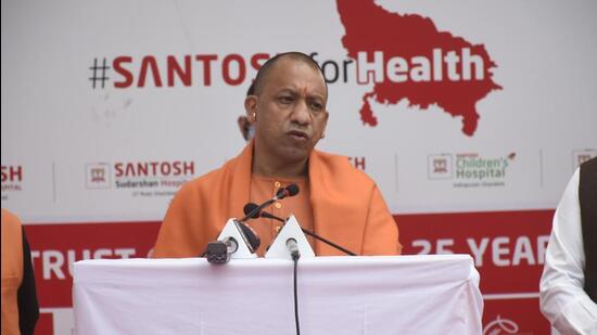 Ghaziabad, India - Jan. 17, 2022: Uttar Pradesh Chief Minister Yogi Adityanath addresses the gathering during an inspection visit at Santosh Hospital Covid-19 centre, at Old Bus stand, in Ghaziabad, India, on Monday, January 17, 2022. (Photo by Sakib Ali /Hindustan Times)