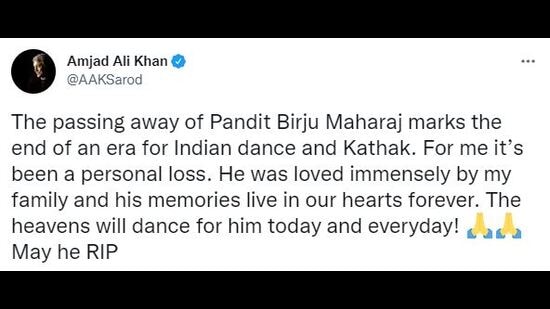 Sarod maestro Amjad Ali Khan paid his respects to the late exponent via Twitter on Monday.