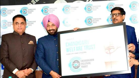 Chandigarh University chancellor S Satnam Singh Sandhu launching Chandigarh Welfare Trust on Monday. (HT Photo)