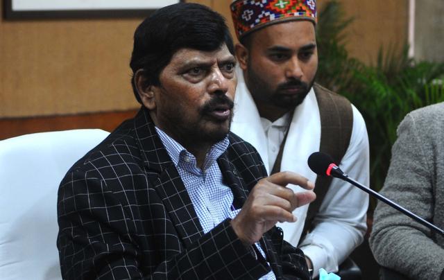Minister of state for social justice and empowerment Ramdas Athawale interacting with media at UT Guest House in Chandigarh on Monday. (Ravi Kumar/HT)