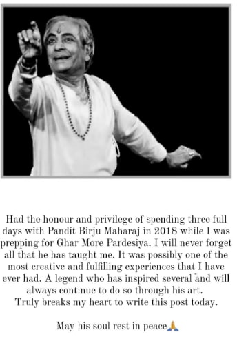 Alia Bhatt remembered Pandit Birju Maharaj.