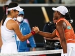 Emma Raducanu, left, of Britain is congratulated by Sloane Stephens of the U.S. after winning their first round match at the Australian Open tennis championships in Melbourne, Australia, Tuesday, Jan. 18, 2022. Emma Raducanu, left, of Britain is congratulated by Sloane Stephens of the U.S. after winning their first round match at the Australian Open tennis championships in Melbourne, Australia, Tuesday, Jan. 18, 2022. 