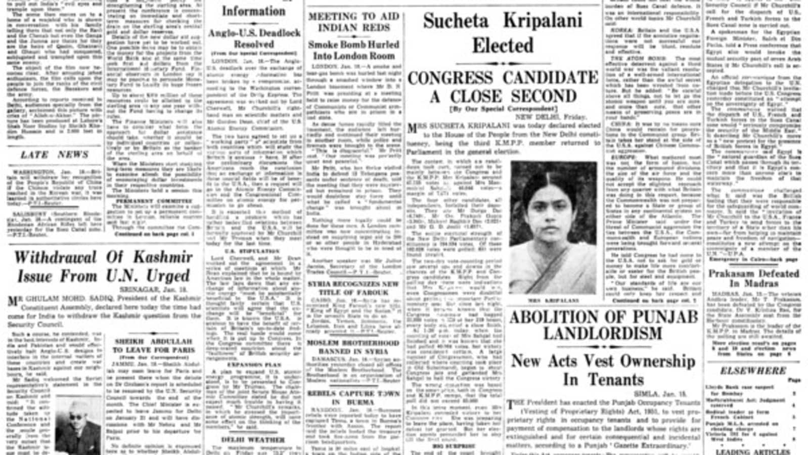 HT This Day Jan 19, 1952 Sucheta Kripalani Elected Latest News India