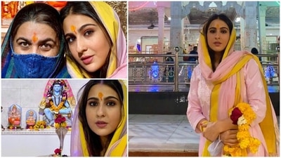 Sara Ali Khan, who garnered a lot of praises for her performance in the film Atrangi Re, recently shared a series of photos of herself and her mother Amrita Singh visiting the Khajrana Ganesh Temple in Indore. (Instagram/@saraalikhan95) Sara Ali Khan, who garnered a lot of praises for her performance in the film Atrangi Re, recently shared a series of photos of herself and her mother Amrita Singh visiting the Khajrana Ganesh Temple in Indore. (Instagram/@saraalikhan95)