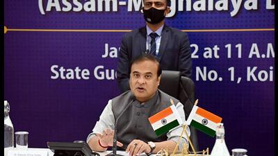 Assam Chief Minister Himanta Biswa Sarma interacts with representatives of all political parties on the Assam-Meghalaya border issue, at the State Guest House in Guwahati on Tuesday. (ANI PHOTO.) Assam Chief Minister Himanta Biswa Sarma interacts with representatives of all political parties on the Assam-Meghalaya border issue, at the State Guest House in Guwahati on Tuesday. (ANI PHOTO.)