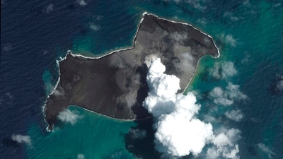 This satellite image provided by Maxar Technologies shows an overview of Hunga Tonga Hunga Ha'apai volcano in Tonga before a huge undersea volcanic eruption. (AP) This satellite image provided by Maxar Technologies shows an overview of Hunga Tonga Hunga Ha'apai volcano in Tonga before a huge undersea volcanic eruption. (AP)