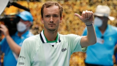 Daniil Medvedev reacts after defeating Henri Laaksonen in their first round match at the Australian Open. (AP) Daniil Medvedev reacts after defeating Henri Laaksonen in their first round match at the Australian Open. (AP)