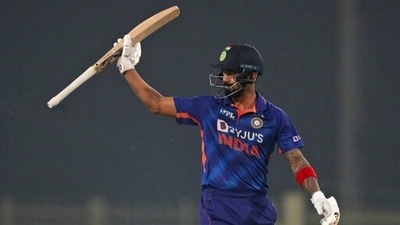 India batter KL Rahul celebrates after scoring 50 runs (AP)