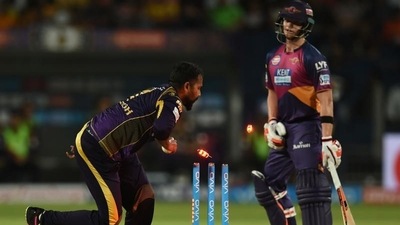 Kolkata Knight Riders’ Rajagopal Sathish (L) runs out Steven Smith. (AFP/File Photo) Kolkata Knight Riders’ Rajagopal Sathish (L) runs out Steven Smith. (AFP/File Photo)