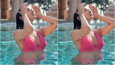 The swimsuit Sonal chose for the pool photoshoot features a halter strapped bikini top with a plunging neckline, gathered details on the front and a back tie. She wore it with matching hot pink bikini bottoms with a high-rise waistline. (Instagram/@sonalchauhan) The swimsuit Sonal chose for the pool photoshoot features a halter strapped bikini top with a plunging neckline, gathered details on the front and a back tie. She wore it with matching hot pink bikini bottoms with a high-rise waistline. (Instagram/@sonalchauhan)