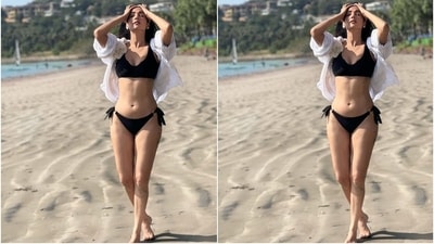 The star, flaunting her hourglass frame in the beach shoot, made heads turn in Goa with the all-black look. The set features a sleeveless bikini top with broad straps, ribbed details, and a plunging neckline. (Instagram/@sonalchauhan) The star, flaunting her hourglass frame in the beach shoot, made heads turn in Goa with the all-black look. The set features a sleeveless bikini top with broad straps, ribbed details, and a plunging neckline. (Instagram/@sonalchauhan)