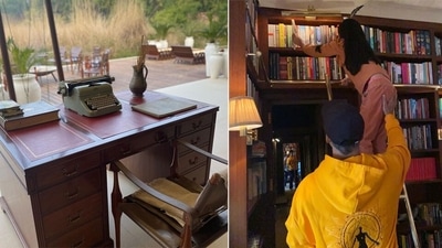 A work desk and a library at Akshay Kumar's resort at Ranthambore National Park.&nbsp;