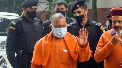 Uttar Pradesh CM Yogi Adityanath at the BJP headquarters for the meeting regarding assembly elections, in New Delhi on Monday. (ANI Photo) Uttar Pradesh CM Yogi Adityanath at the BJP headquarters for the meeting regarding assembly elections, in New Delhi on Monday. (ANI Photo)