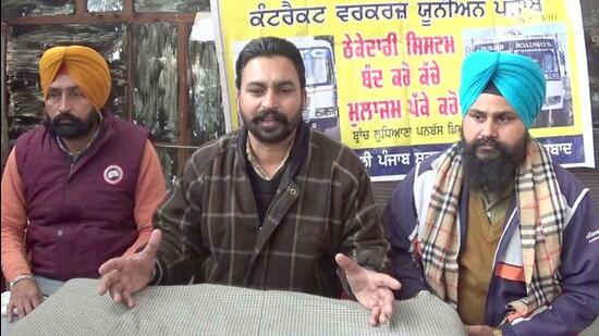 Members of Punjab Roadways contractual employees union addressing a press conference at bus stand in Ludhiana said they will also hold a protest march in the constituency of transport minister Amarinder Singh Raja Warring after January 24. (HT PHOTO)