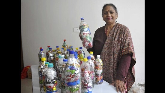 Supriya Goyal showing her eco-bricks, at her residence in Sector 28, Chandigarh. (Keshav Singh/HT)