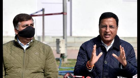 Congress leaders Randeep Surjewala and Harish Chaudhary addressing a press conference in New Delhi on Tuesday. (ANI) Congress leaders Randeep Surjewala and Harish Chaudhary addressing a press conference in New Delhi on Tuesday. (ANI)