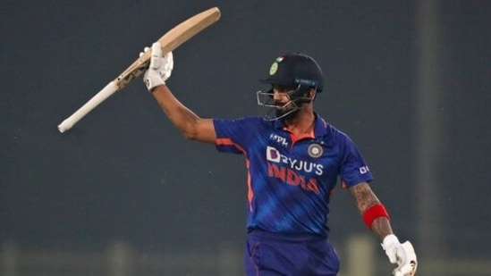 India batter KL Rahul celebrates after scoring 50 runs(AP)