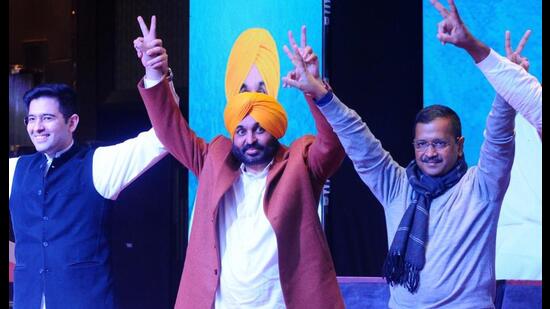 Punjab Aam Aadmi Party president Bhagwant Mann with AAP national convener Arvind Kejriwal after he was named the party’s chief ministerial candidate in Mohali on Tuesday. (Ravi Kumar/HT)