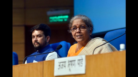 Finance minister Nirmala Sitharaman accused the Congress-led United Progressive Alliance government for perpetrating the Devas Multimedia scam (Sanjeev Verma/HT PHOTO)