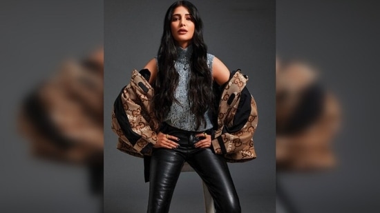 Acing the winter fashion in a sequins turtleneck, printed jacket and leather trousers by Gucci, Shruti Haasan looked to-die-for.(Instagram/@shrutzhaasan)