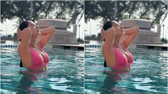 The 34-year-old star ditched all bold accessories with her trendy and flirty poolside ensemble and just opted for sleek gold rings. She left her tresses open, and for the glam picks, the actor went for a bare face, nude lip shade, nude pink nail paint and subtle eyeliner on the eyelids.(Instagram/@sonalchauhan)