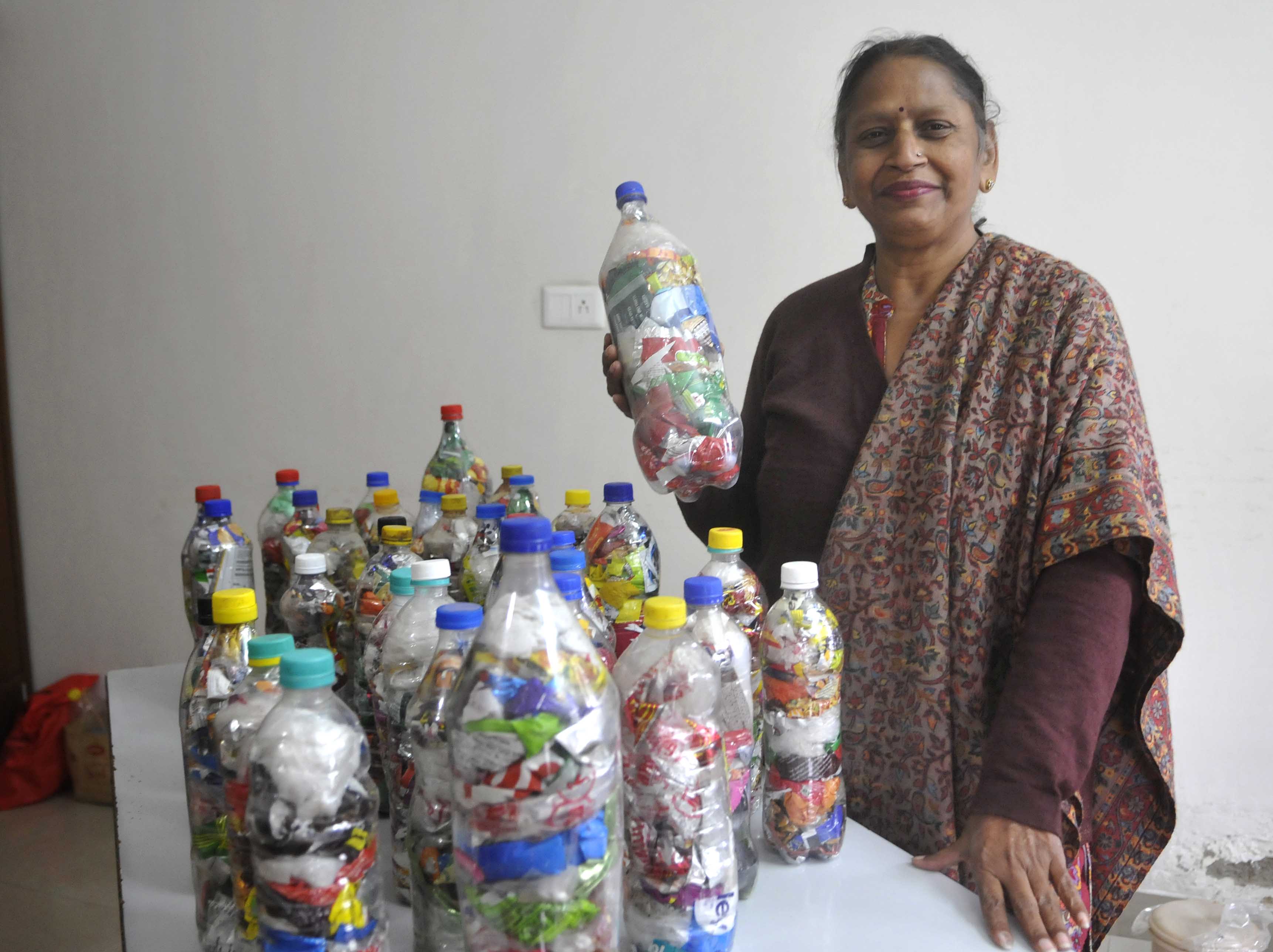 Supriya Goyal showing her eco-bricks, at her residence in Sector 28, Chandigarh. (Keshav Singh/HT)