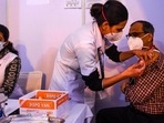 A doctor being inoculated with a booster dose of Covid-19 vaccine, at Ganga Ram Hospital, in New Delhi. (Amal KS/HT Photo) A doctor being inoculated with a booster dose of Covid-19 vaccine, at Ganga Ram Hospital, in New Delhi. (Amal KS/HT Photo)