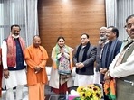 Aparna Yadav with UP CM Yogi Adityanath and top BJP leadership (Twitter/Yogi Adityanath) Aparna Yadav with UP CM Yogi Adityanath and top BJP leadership (Twitter/Yogi Adityanath)