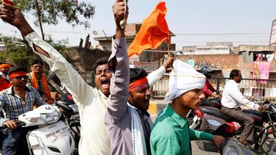 Hindu Yuva Vahini vigilante members take part in a rally in the city of Unnao in 2017. The outfit has emerged after five years of dormancy and is seat to campaign for the UP elections. (Reuters file) Hindu Yuva Vahini vigilante members take part in a rally in the city of Unnao in 2017. The outfit has emerged after five years of dormancy and is seat to campaign for the UP elections. (Reuters file)