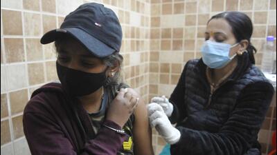 A teenager getting vaccinated against Covid at a health centre in Sector 45, Chandigarh. (Keshav Singh/HT) A teenager getting vaccinated against Covid at a health centre in Sector 45, Chandigarh. (Keshav Singh/HT)
