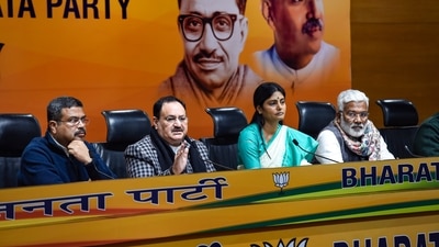 BJP president JP Nadda with UP BJP in-charge Dharmendra Patel, Apna Dal leader Anupriya Patel, and UP BJP chief Swatantra Dev Singh at a press conference in New Delhi on Wednesday, Jan. 19, 2022. (PTI / Kamal Singh) BJP president JP Nadda with UP BJP in-charge Dharmendra Patel, Apna Dal leader Anupriya Patel, and UP BJP chief Swatantra Dev Singh at a press conference in New Delhi on Wednesday, Jan. 19, 2022. (PTI / Kamal Singh)