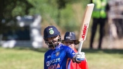 Indian batsman Virat Kohli lifts his bat for his fifty runs during the first ODI match between South Africa and India in Paarl, South Africa, Wednesday, Jan. 19, 2022. (AP Photo/Halden Krog) (AP)