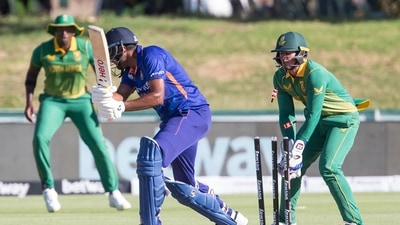 Indian batsman Ravichandran Ashwinis bowled out while South African wicketkeeper Quinton De Kock looks on during the first ODI match between South Africa and India in Paarl, South Africa, Wednesday, Jan. 19, 2022. (AP Photo/Halden Krog) (AP)