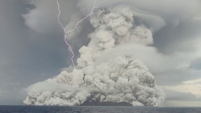 An eruption occurs at the underwater volcano Hunga Tonga-Hunga Ha'apai off Tonga in this screen grab obtained from a social media video.&nbsp; (via REUTERS)
