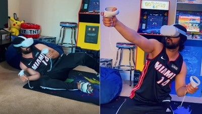 Diljit Dosanjh playing a virtual reality game. Diljit Dosanjh playing a virtual reality game. 
