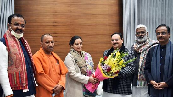 Aparna Yadav joined the BJP in the presence of UP chief minister Yogi Aditynath, BJP national president J P Nadda and other senior leaders, in New Delhi, ahead of UP elections, on Wednesday. (ANI)