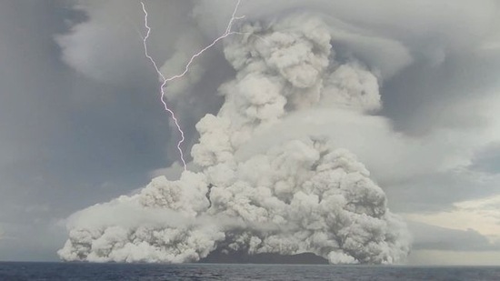 An eruption occurs at the underwater volcano Hunga Tonga-Hunga Ha'apai off Tonga in this screen grab obtained from a social media video.&nbsp;(via REUTERS)