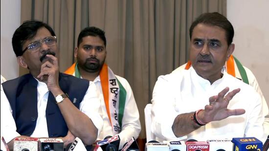 NCP leader Praful Patel and Shiv Sena Rajya Sabha MP Sanjay Raut addressing a joint press conference in Bambolim on Wednesday. (ANI)